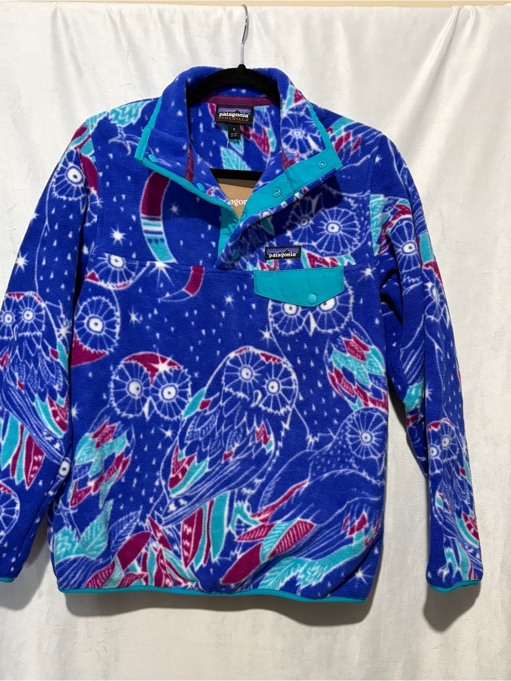Patagonia Women’s Blue Fleece Pullover with Owl Print